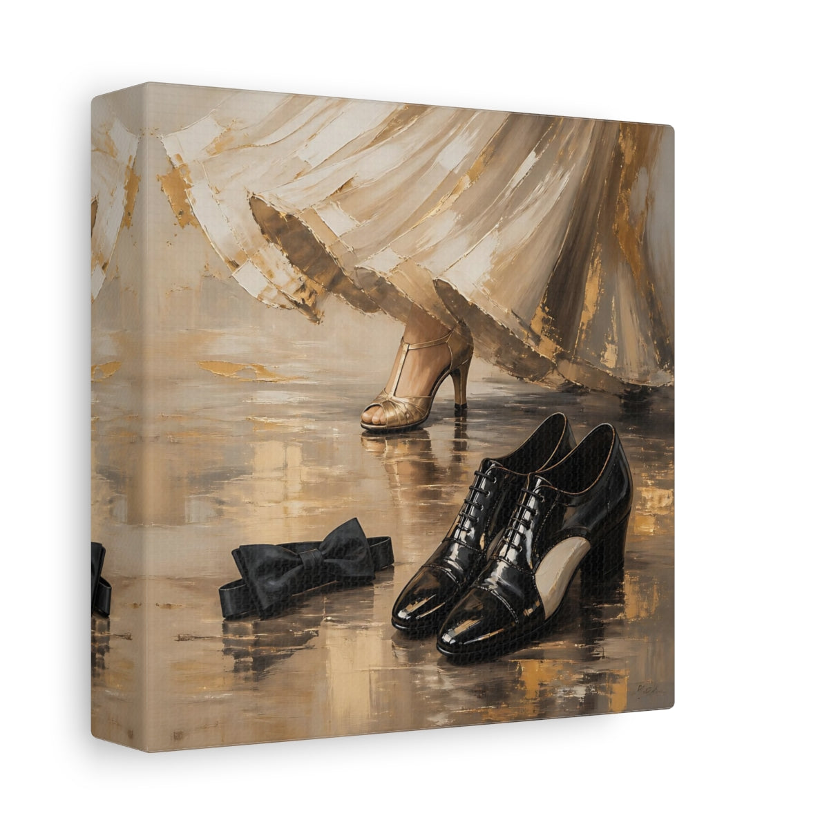 Side Mockup 2. Vintage Elegant Shoes Golden Black Elegance shown as canvas print