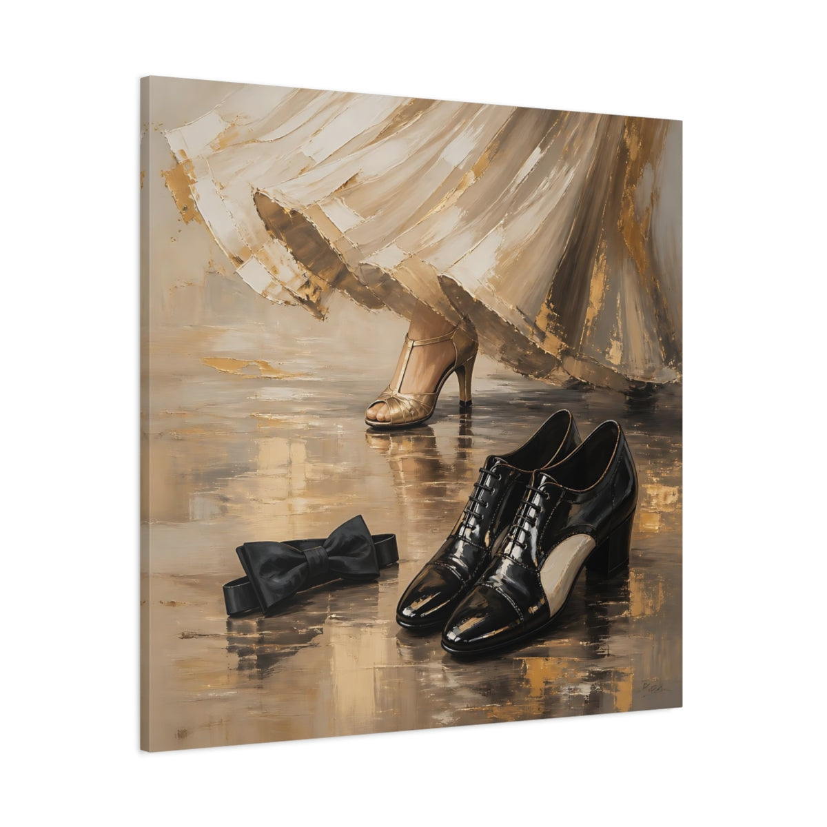 Side Mockup 1. Vintage Elegant Shoes Golden Black Elegance shown as canvas print