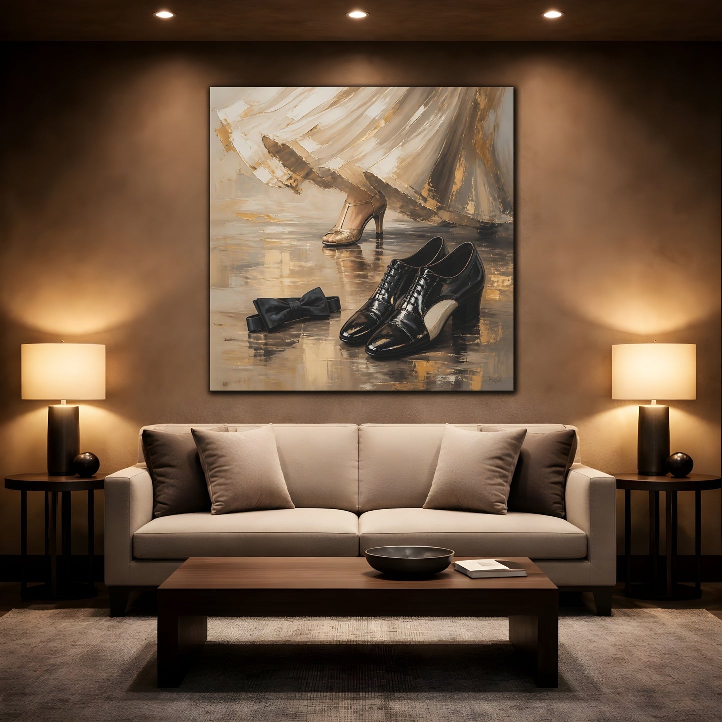 Mockup 2. Vintage Elegant Shoes Golden Black Elegance shown as canvas print