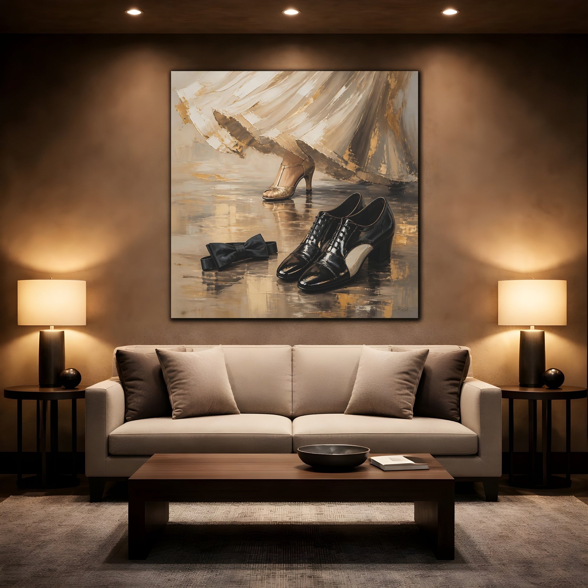 Mockup 2. Vintage Elegant Shoes Golden Black Elegance shown as canvas print