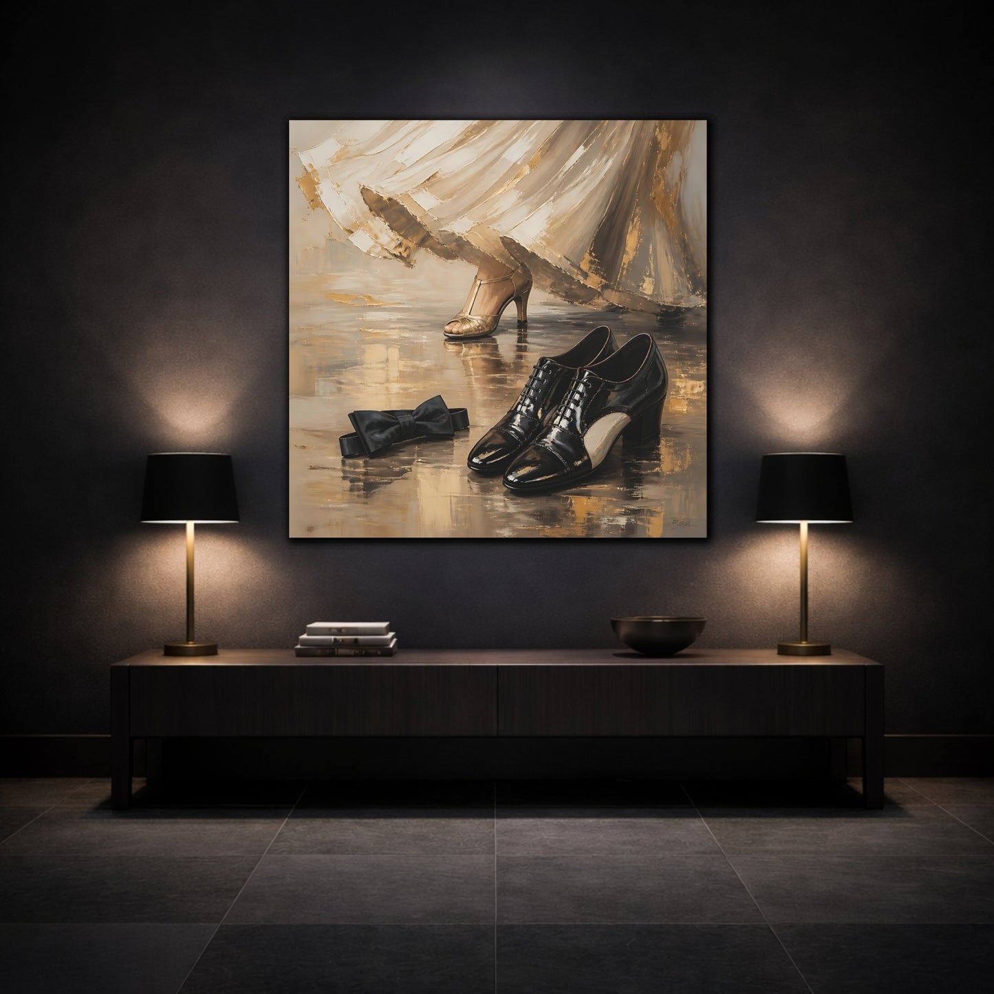 Mockup 3. Vintage Elegant Shoes Golden Black Elegance shown as canvas print