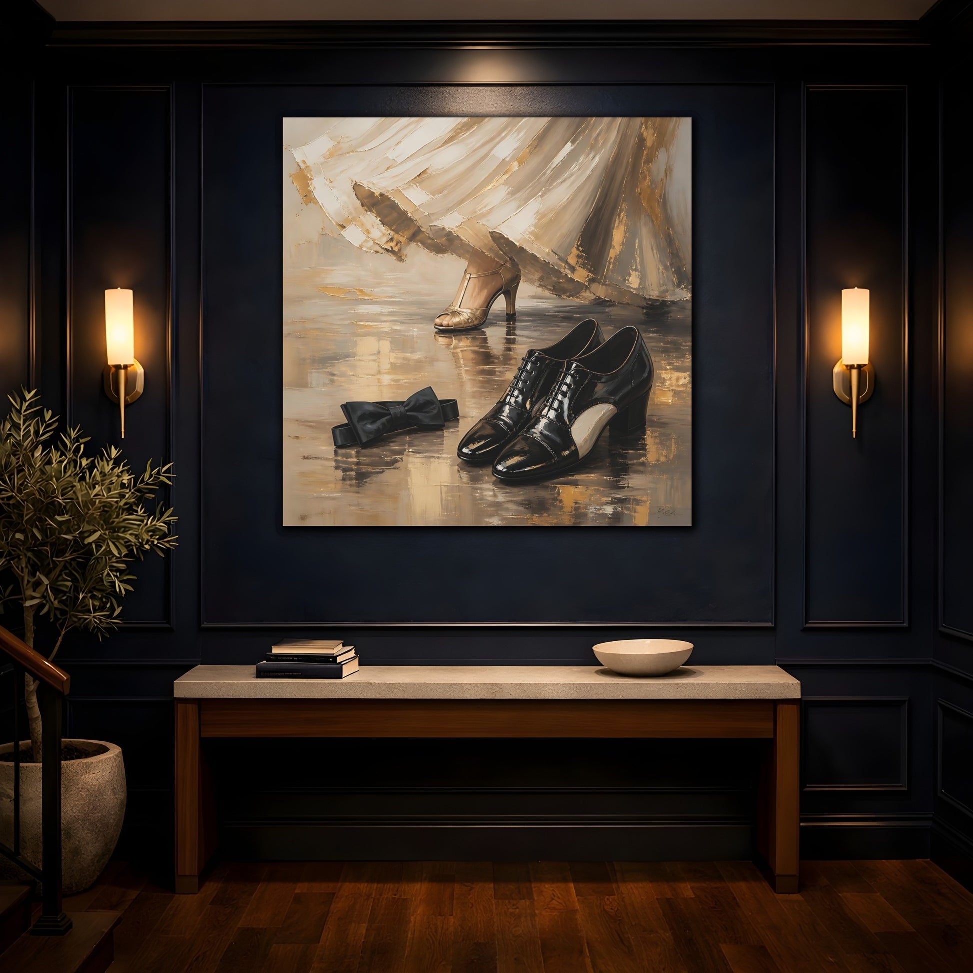 Mockup 4. Vintage Elegant Shoes Golden Black Elegance shown as canvas print