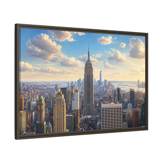 Main Mockup. Vintage Empire State Building Golden Cityscape shown as stretched canvas wall art