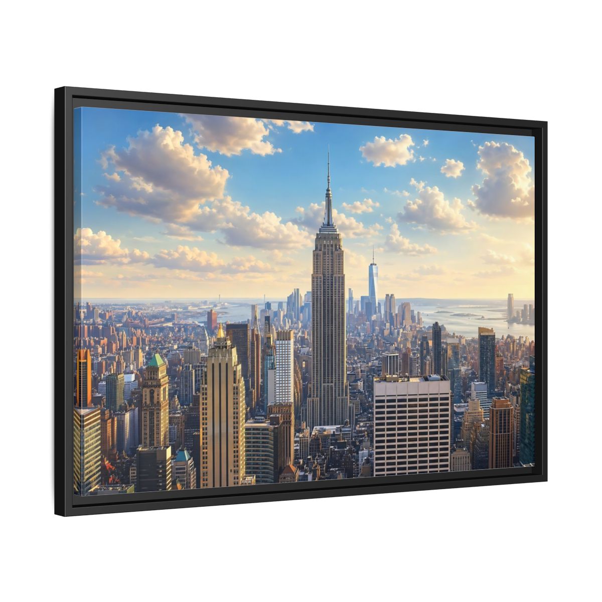 Side Mockup 14. Vintage Empire State Building Golden Cityscape shown as stretched canvas wall art