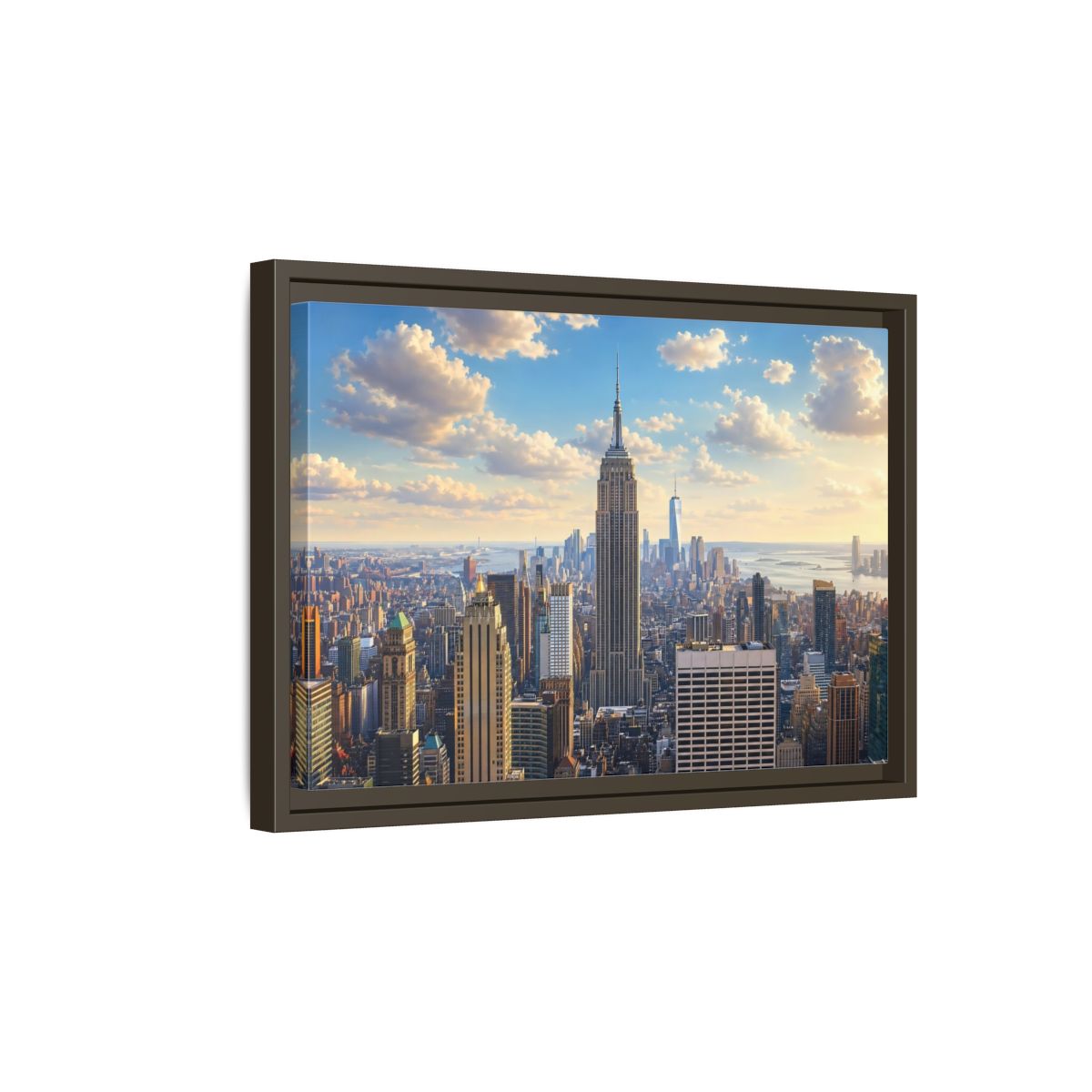Side Mockup 5. Vintage Empire State Building Golden Cityscape shown as stretched canvas wall art