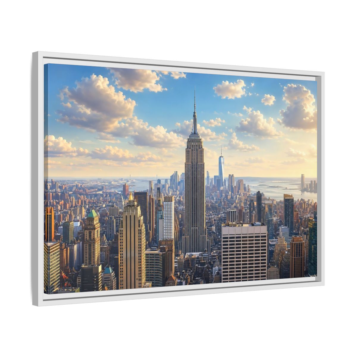 Side Mockup 10. Vintage Empire State Building Golden Cityscape shown as stretched canvas wall art