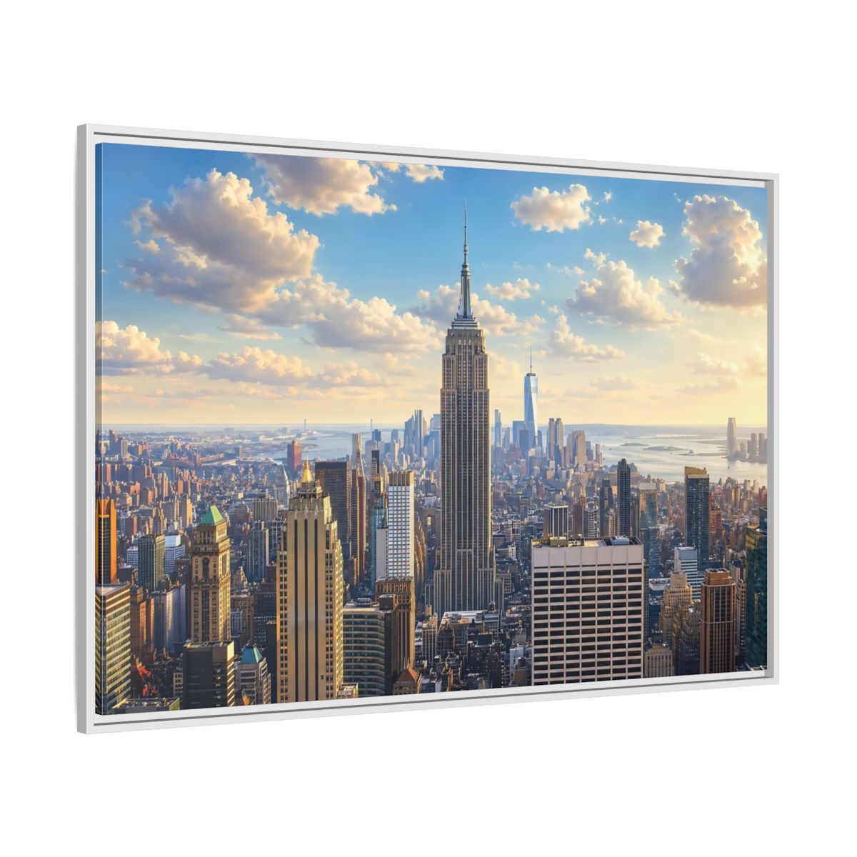 Side Mockup 7. Vintage Empire State Building Golden Cityscape shown as stretched canvas wall art