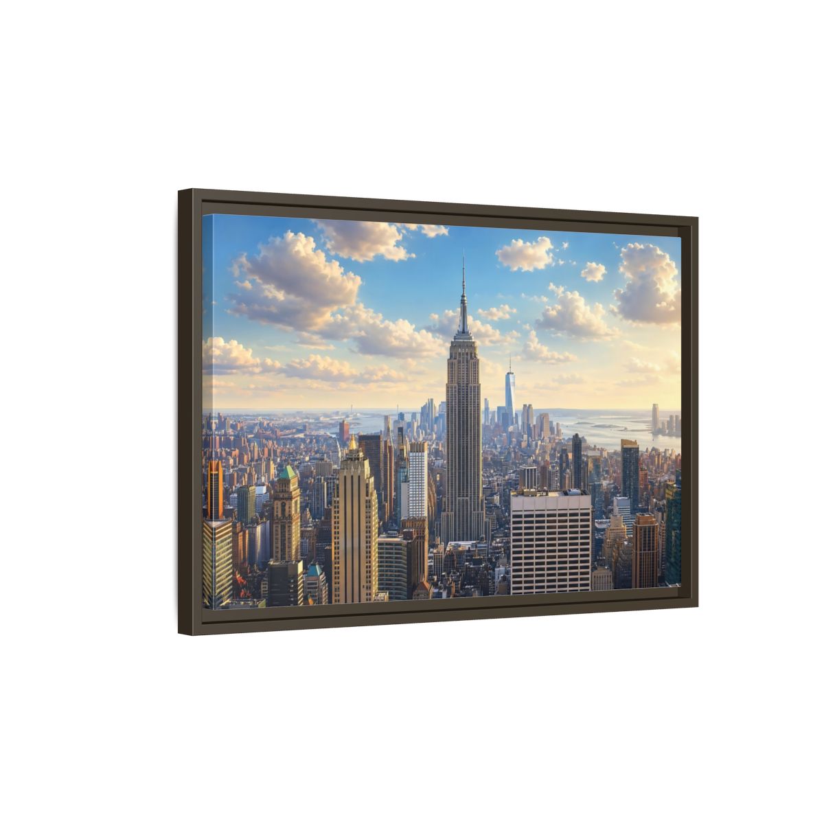 Side Mockup 2. Vintage Empire State Building Golden Cityscape shown as stretched canvas wall art