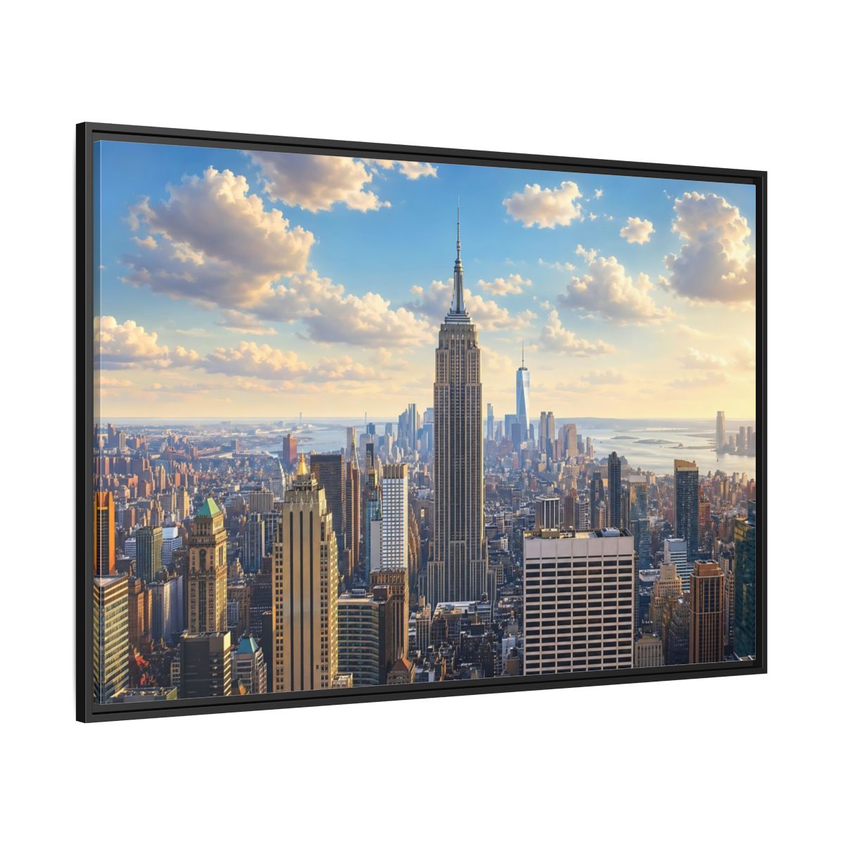 Side Mockup 12. Vintage Empire State Building Golden Cityscape shown as stretched canvas wall art