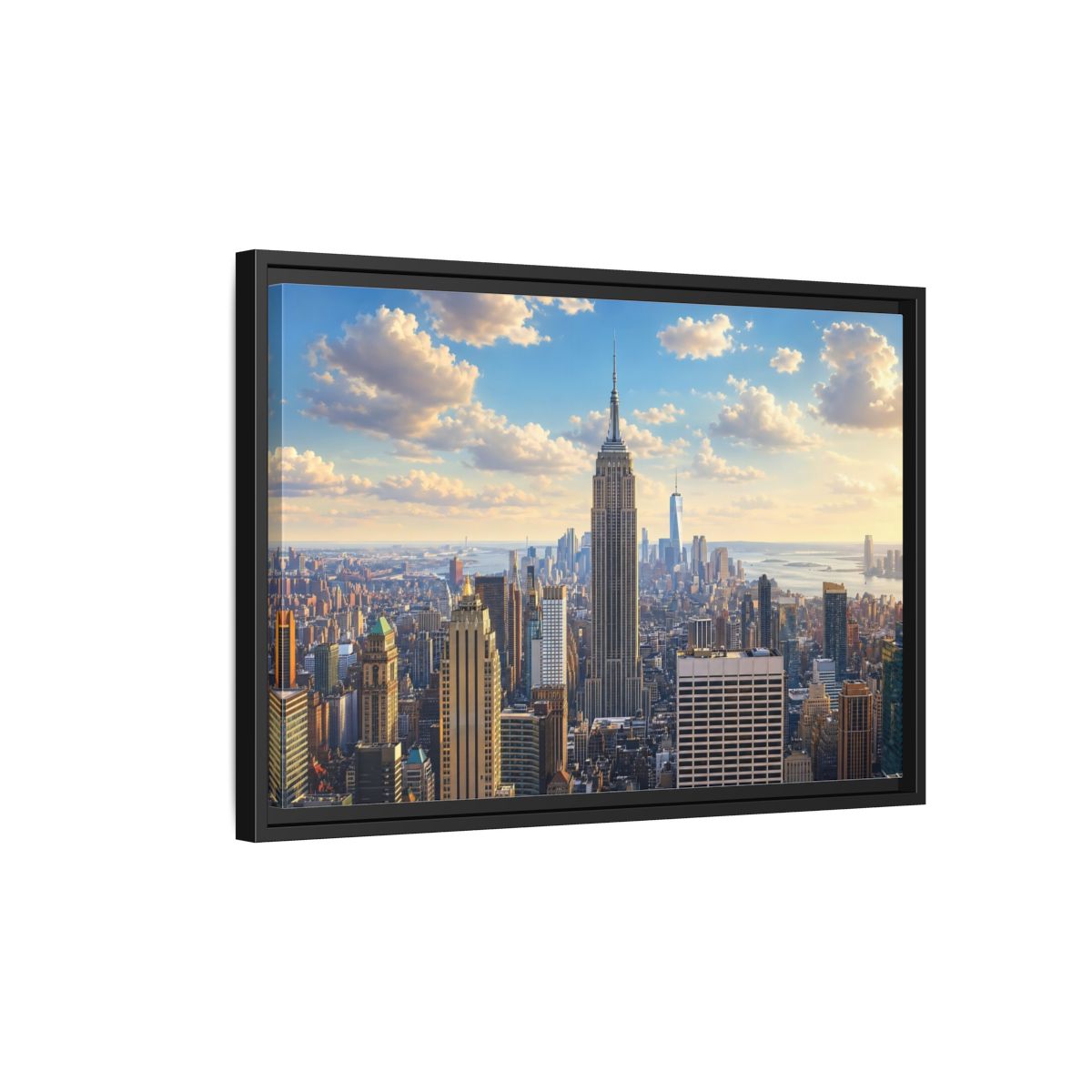 Side Mockup 3. Vintage Empire State Building Golden Cityscape shown as stretched canvas wall art