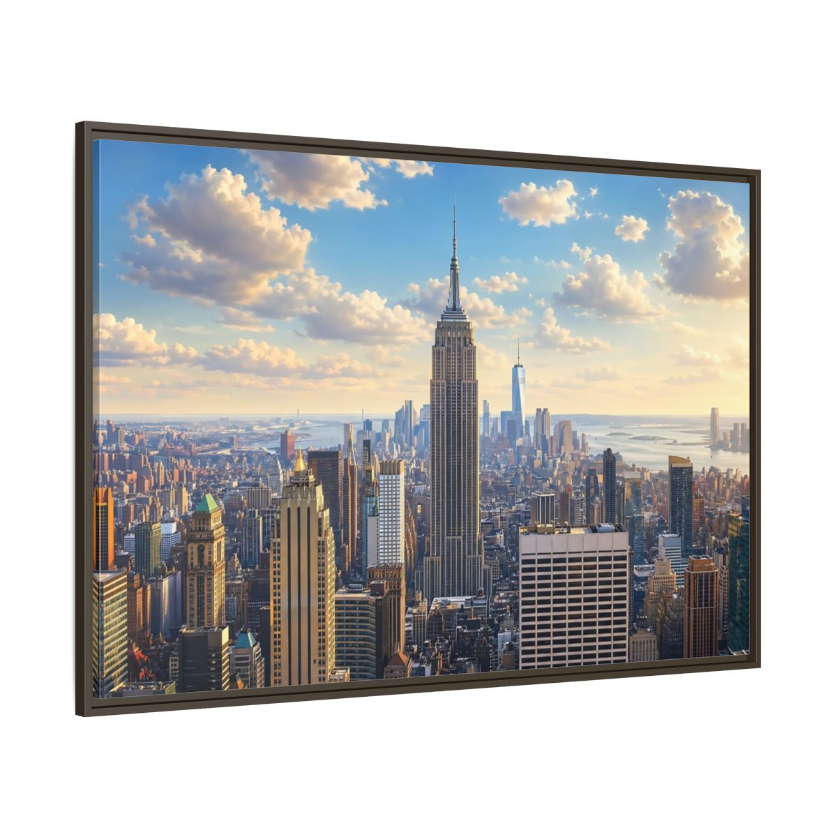 Side Mockup 8. Vintage Empire State Building Golden Cityscape shown as stretched canvas wall art
