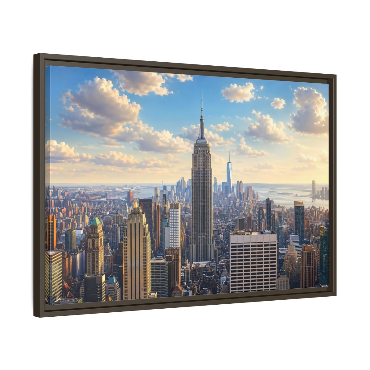 Side Mockup 11. Vintage Empire State Building Golden Cityscape shown as stretched canvas wall art