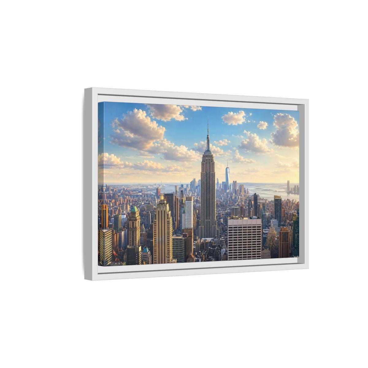 Side Mockup 4. Vintage Empire State Building Golden Cityscape shown as stretched canvas wall art