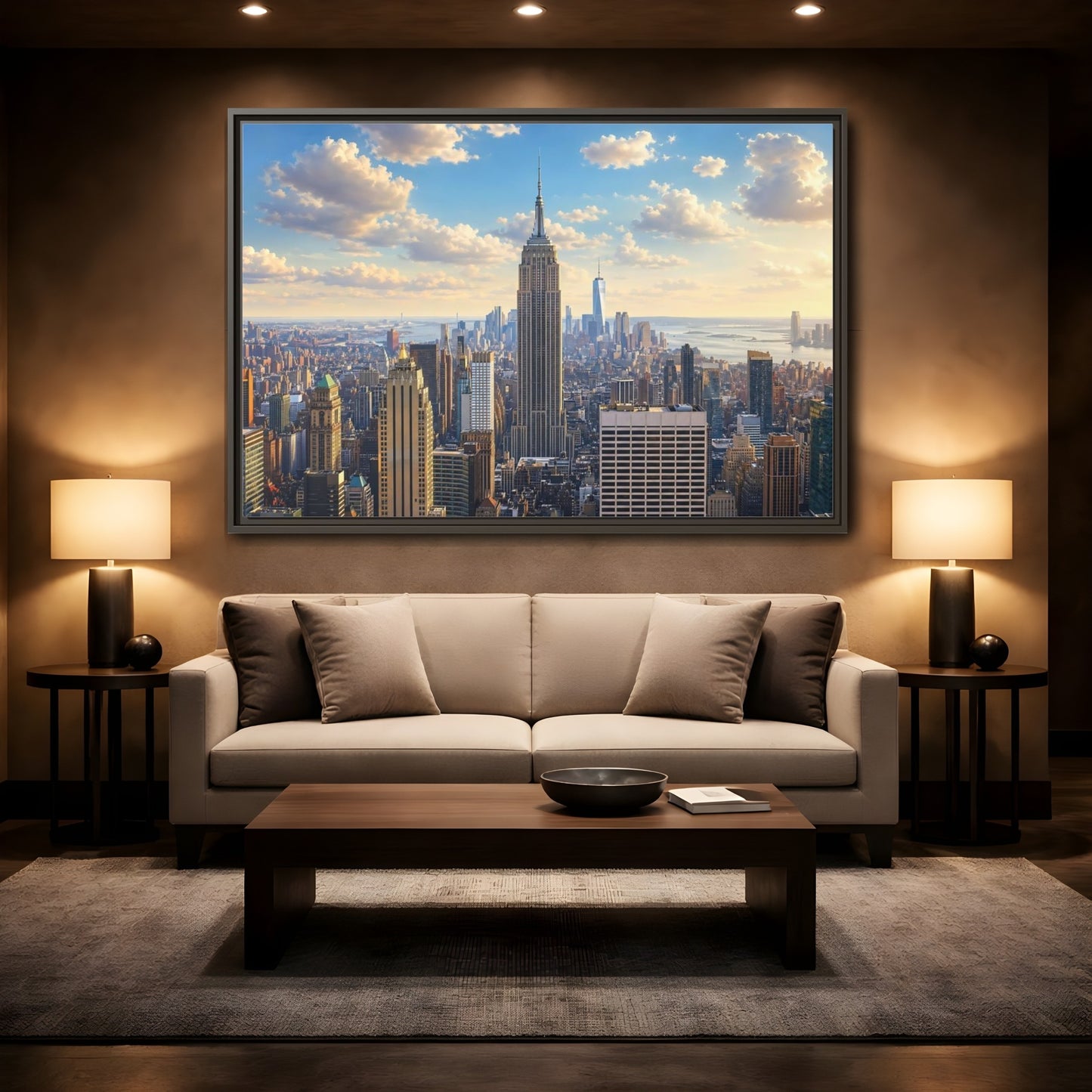 Mockup 2. Vintage Empire State Building Golden Cityscape shown as stretched canvas wall art