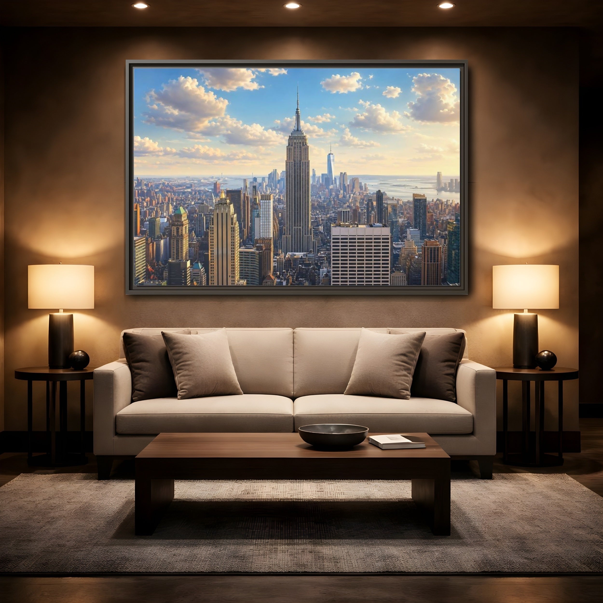Mockup 2. Vintage Empire State Building Golden Cityscape shown as stretched canvas wall art