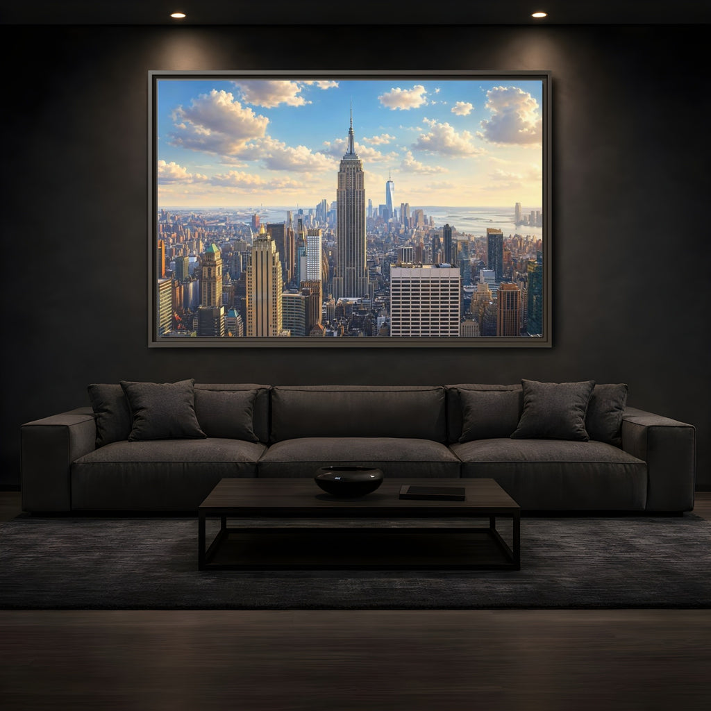 Mockup 3. Vintage Empire State Building Golden Cityscape shown as stretched canvas wall art