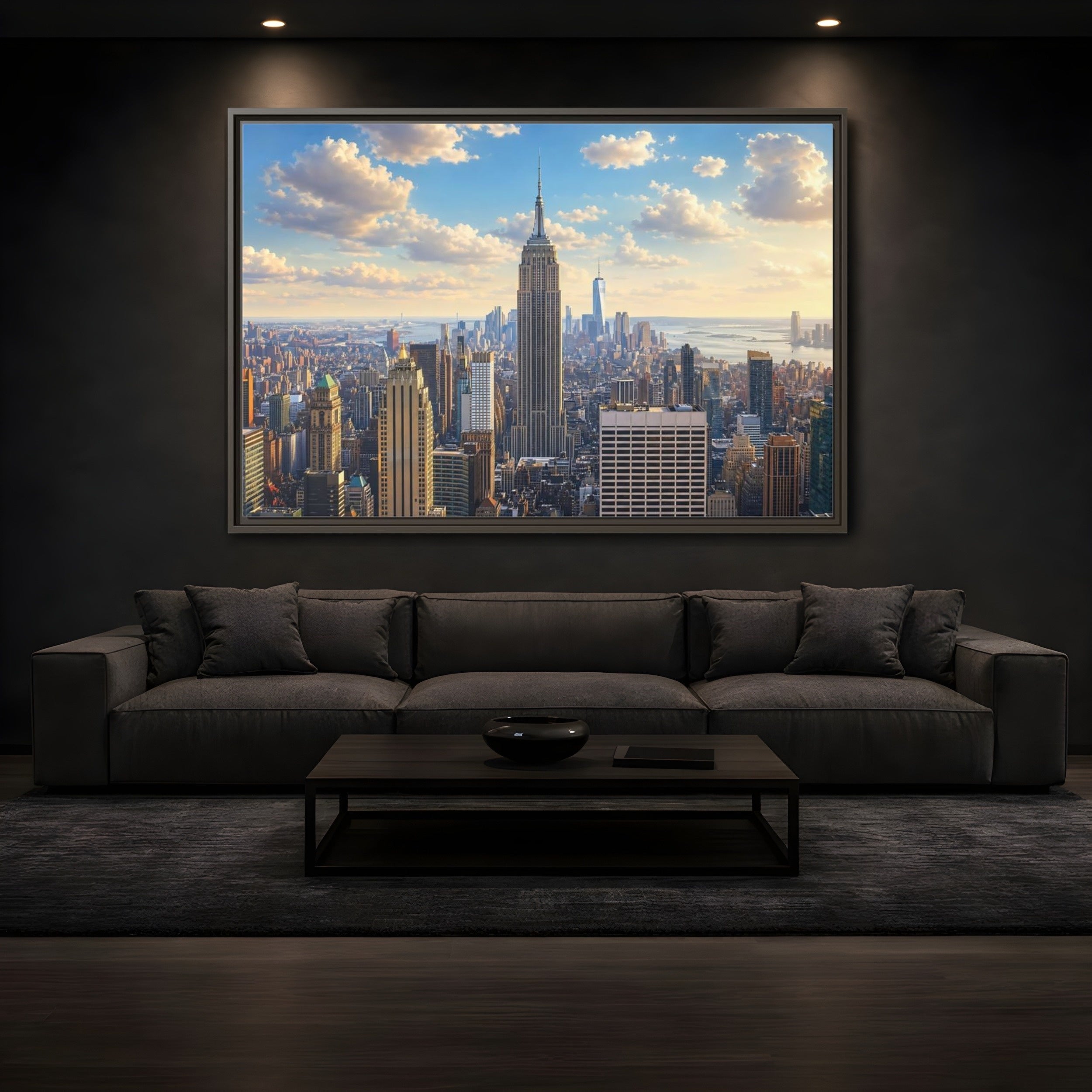Mockup 3. Vintage Empire State Building Golden Cityscape shown as stretched canvas wall art