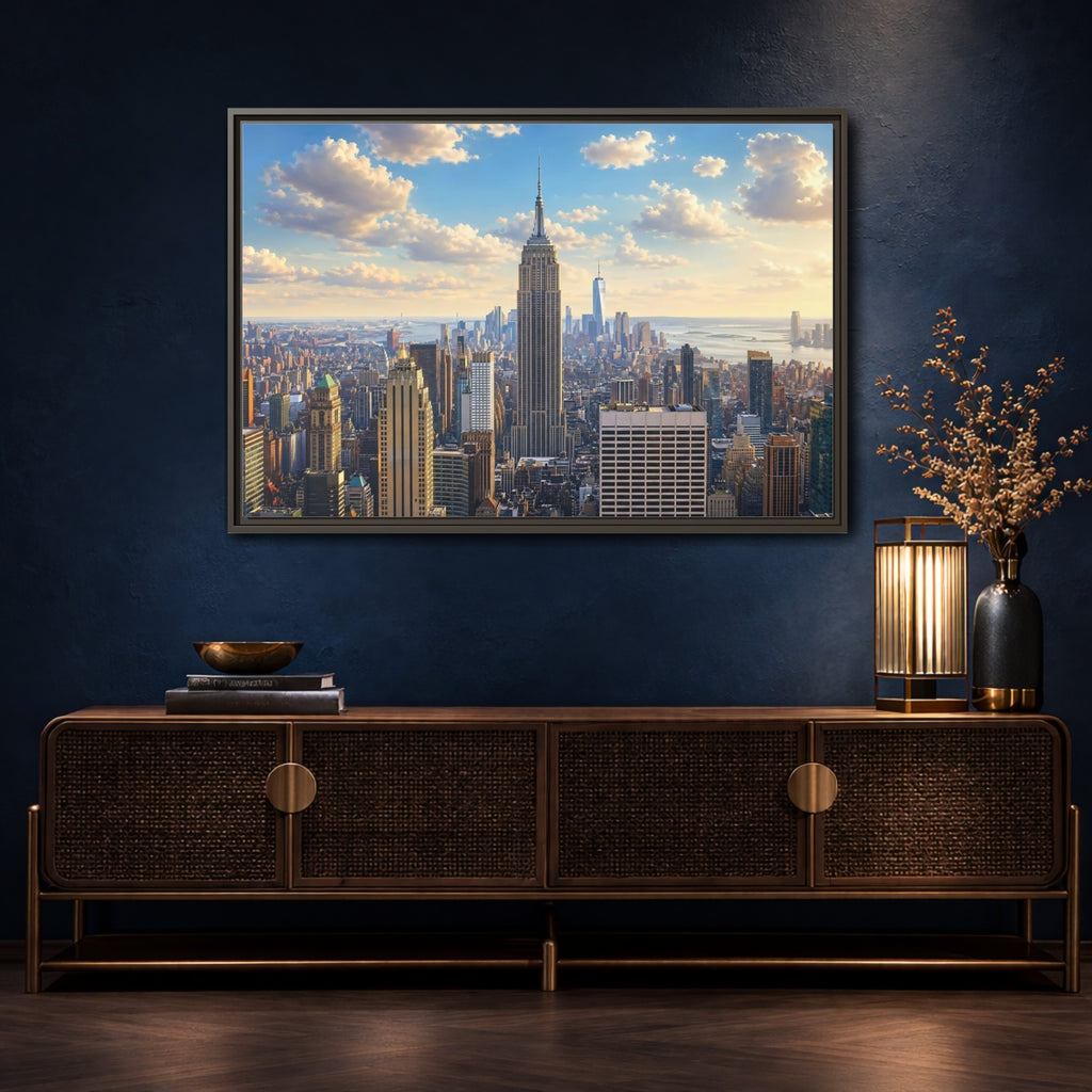 Mockup 4. Vintage Empire State Building Golden Cityscape shown as stretched canvas wall art