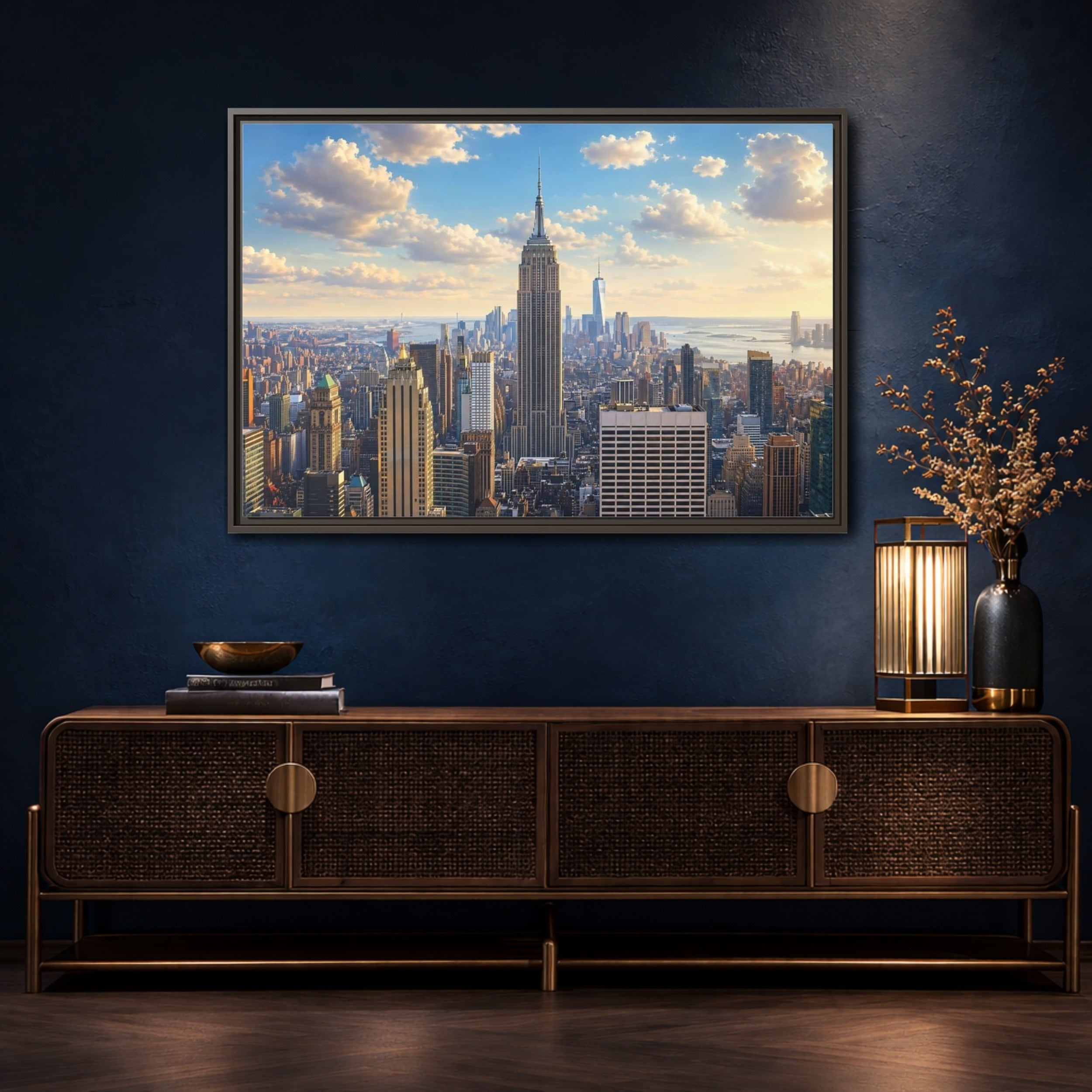 Mockup 4. Vintage Empire State Building Golden Cityscape shown as stretched canvas wall art