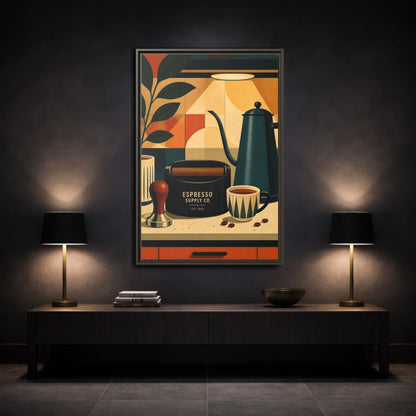 Mockup 2. Vintage Espresso Tools Espresso Kitchen shown as framed canvas print