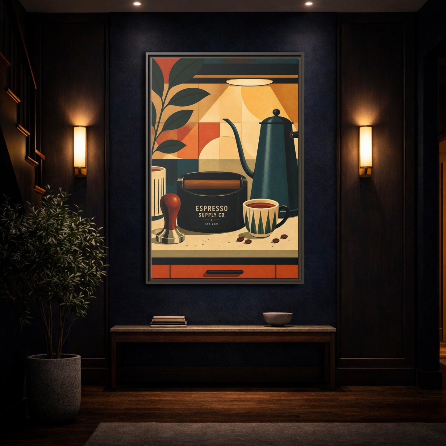 Mockup 4. Vintage Espresso Tools Espresso Kitchen shown as framed canvas print