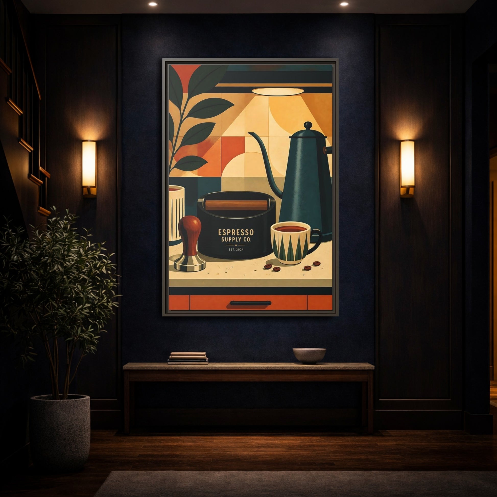 Mockup 4. Vintage Espresso Tools Espresso Kitchen shown as framed canvas print