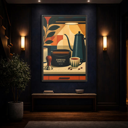 Mockup 4. Vintage Espresso Tools Espresso Kitchen shown as framed canvas print