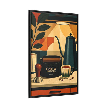 Side Mockup 13. Vintage Espresso Tools Espresso Kitchen shown as framed canvas print