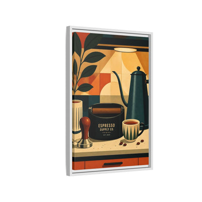 Side Mockup 1. Vintage Espresso Tools Espresso Kitchen shown as framed canvas print