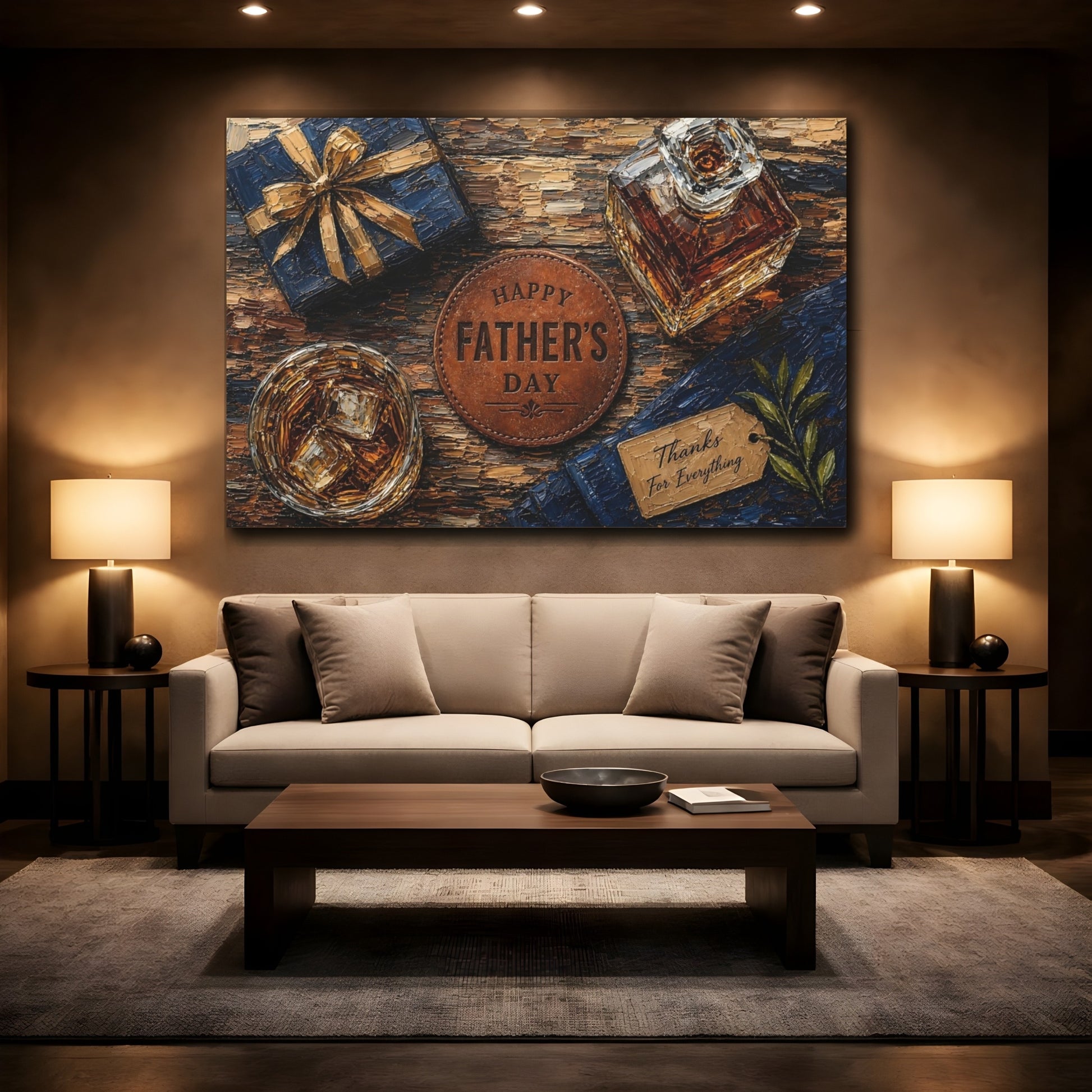 Mockup 3. Vintage Father'S Day Brown And Gold shown as stretched canvas wall art