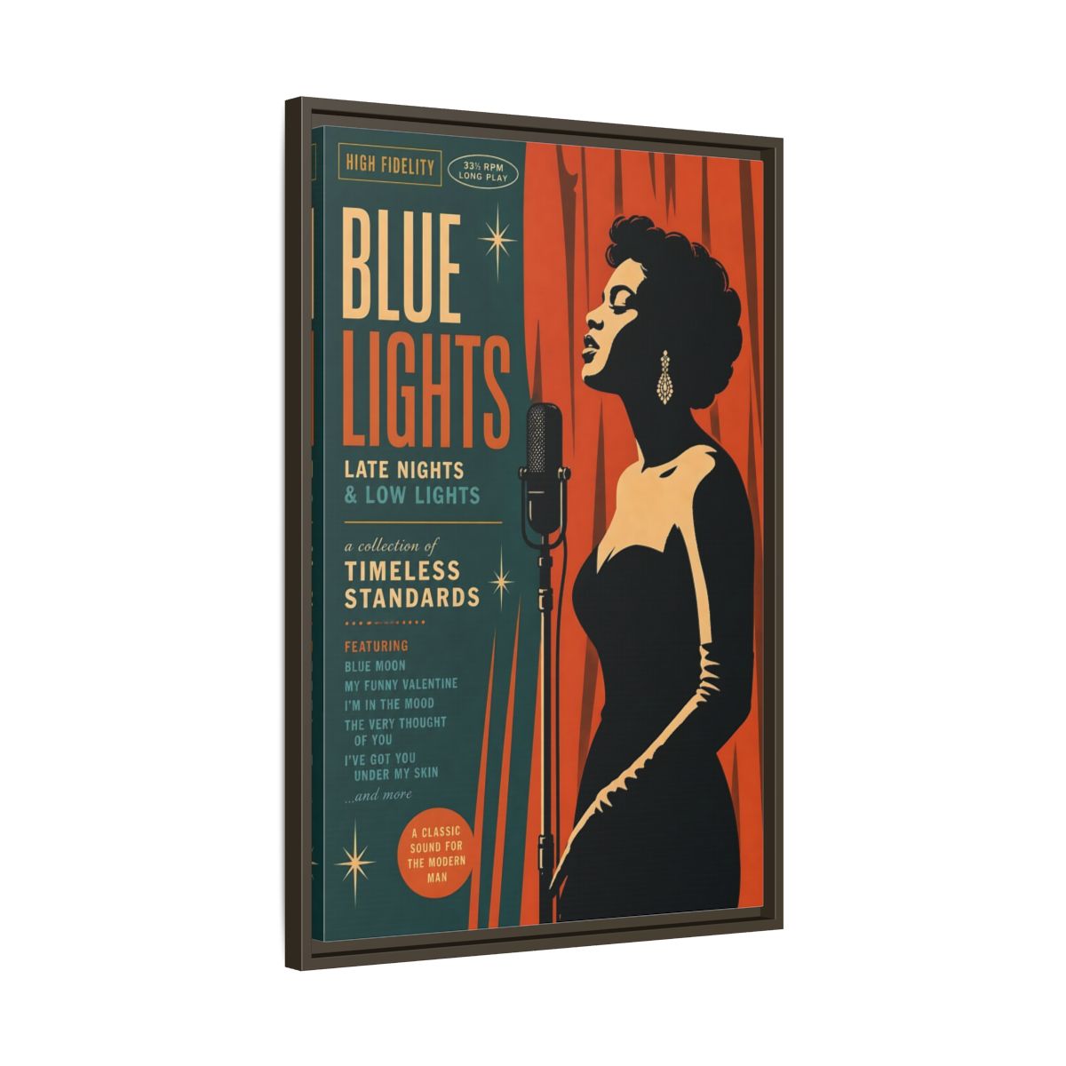 Side Mockup 11. Vintage Female Singer Retro Jazz Art shown as framed canvas print