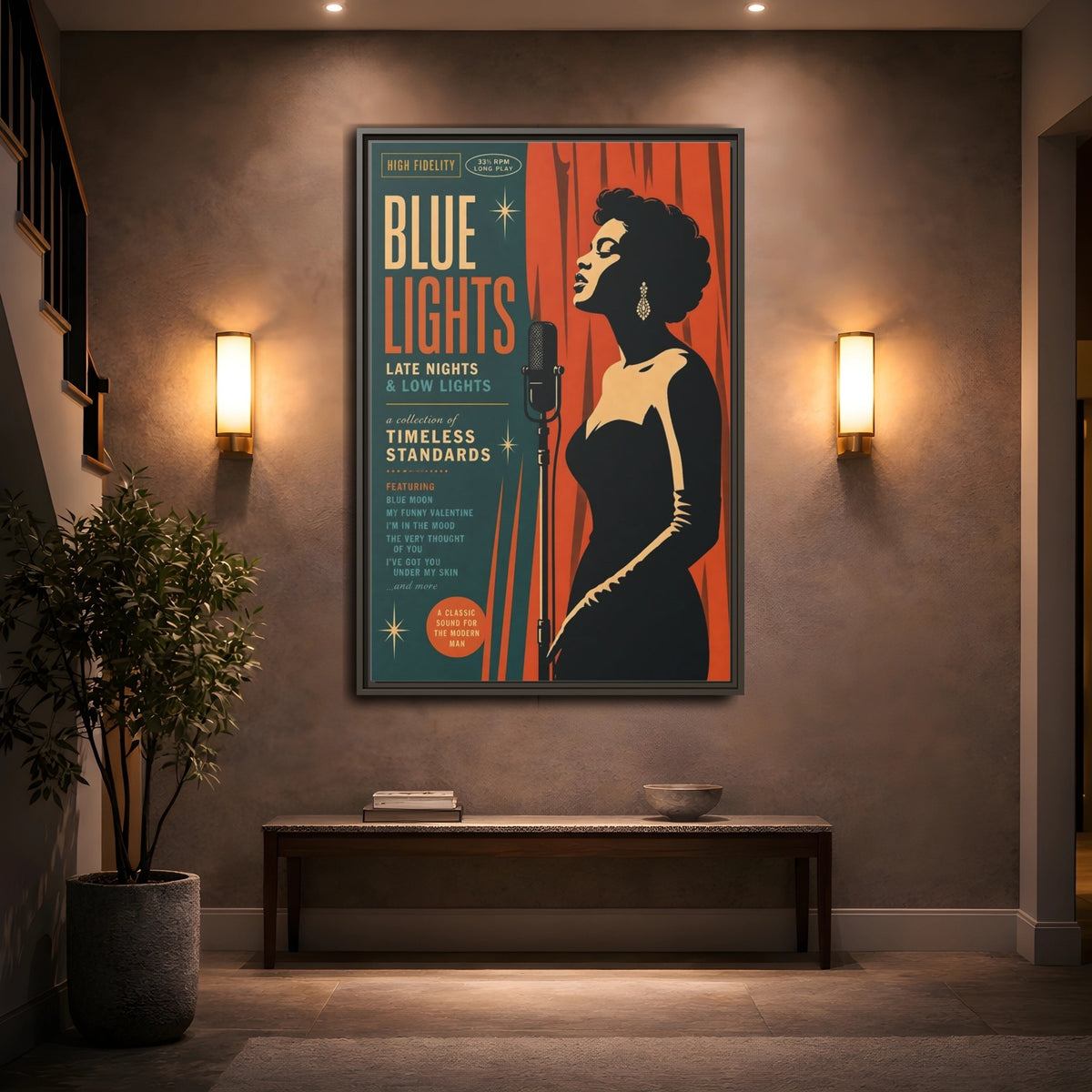 Mockup 2. Vintage Female Singer Retro Jazz Art shown as framed canvas print