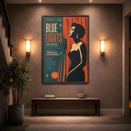 Mockup 2. Vintage Female Singer Retro Jazz Art shown as framed canvas print
