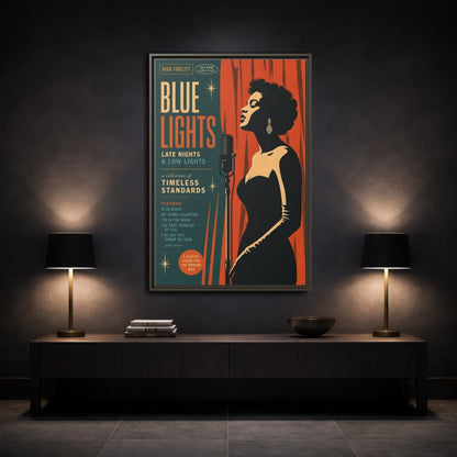 Mockup 3. Vintage Female Singer Retro Jazz Art shown as framed canvas print