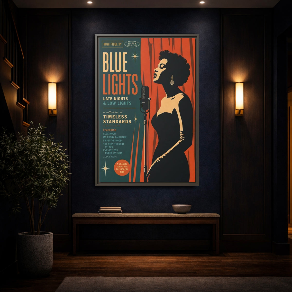 Mockup 4. Vintage Female Singer Retro Jazz Art shown as framed canvas print