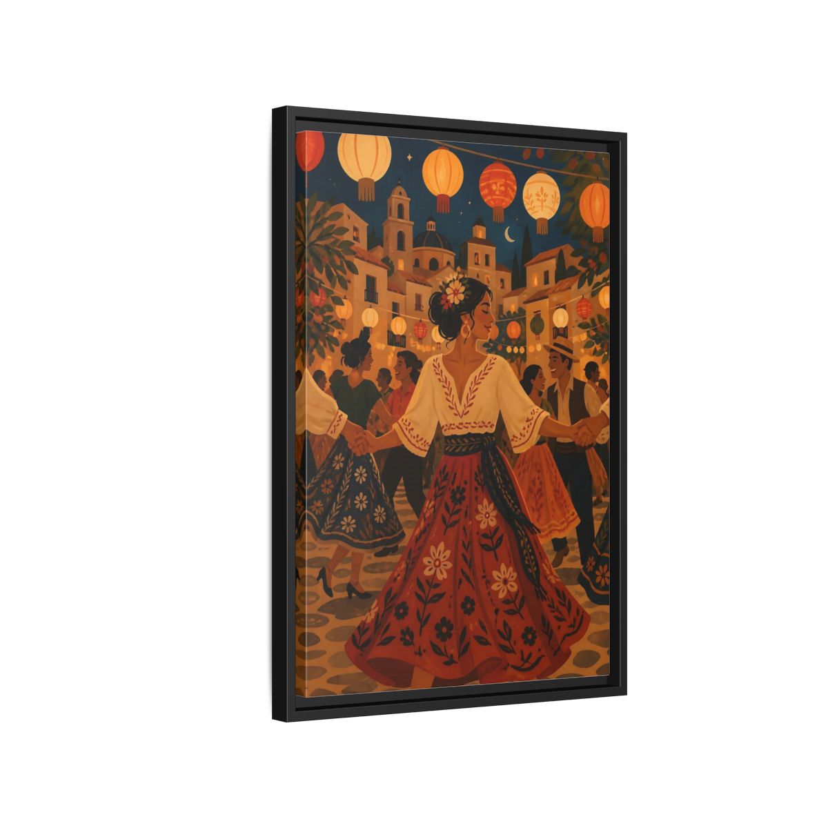 Side Mockup 3. Vintage Festive Dancers Colorful Festive Dance shown as framed canvas print