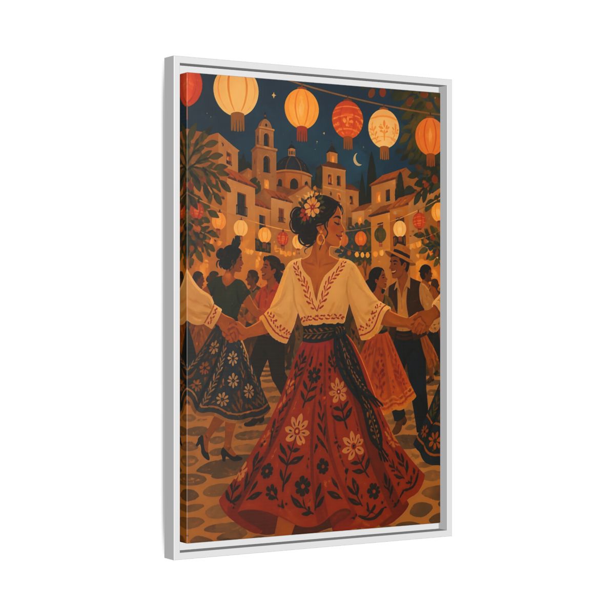 Side Mockup 10. Vintage Festive Dancers Colorful Festive Dance shown as framed canvas print