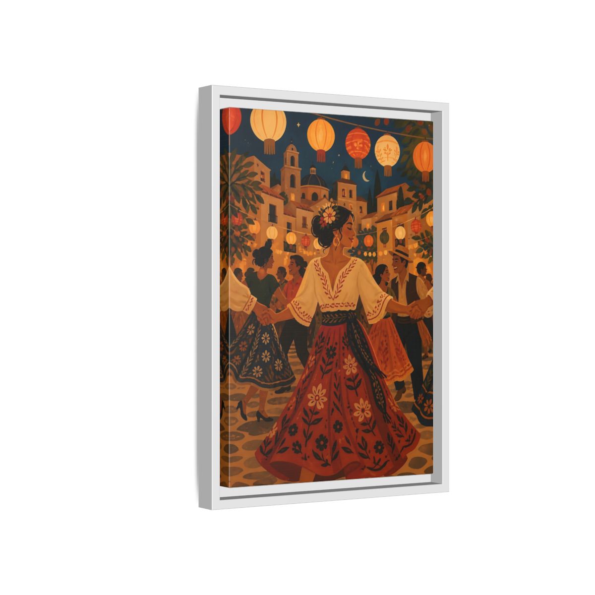 Side Mockup 4. Vintage Festive Dancers Colorful Festive Dance shown as framed canvas print