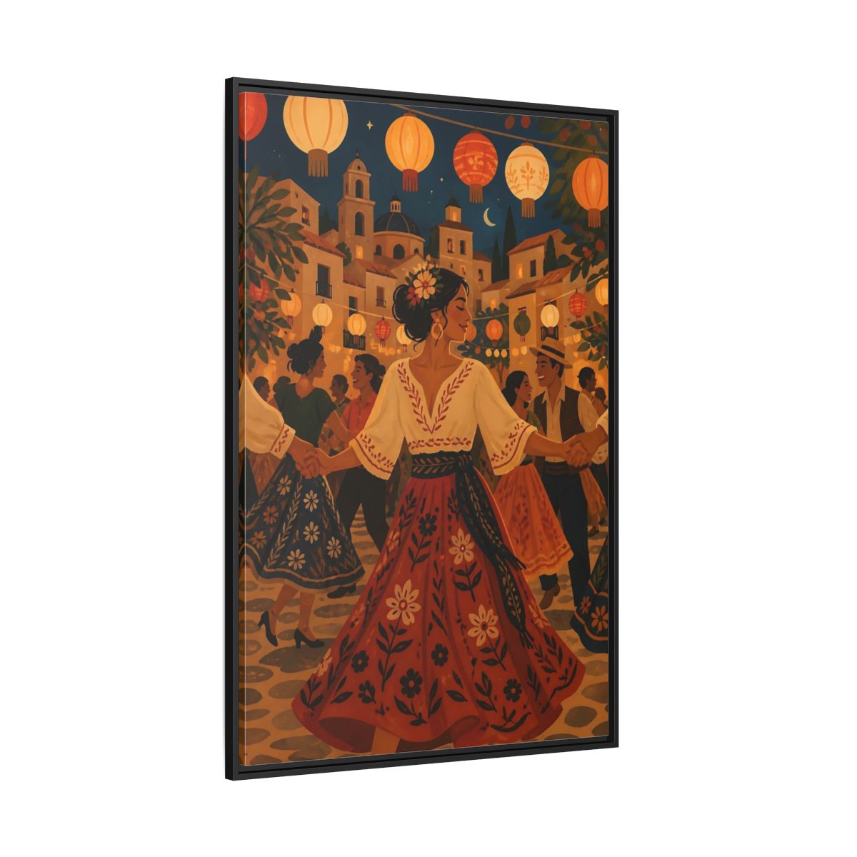 Side Mockup 12. Vintage Festive Dancers Colorful Festive Dance shown as framed canvas print