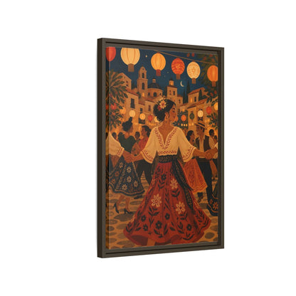 Side Mockup 2. Vintage Festive Dancers Colorful Festive Dance shown as framed canvas print