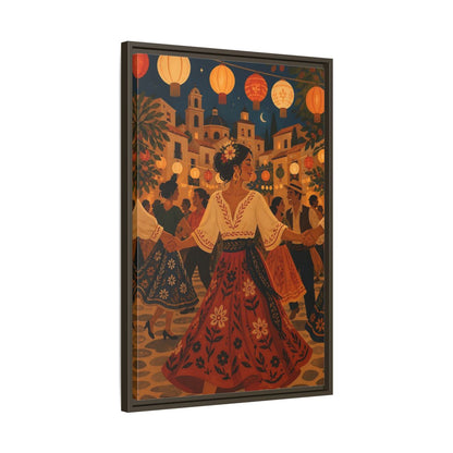 Side Mockup 11. Vintage Festive Dancers Colorful Festive Dance shown as framed canvas print