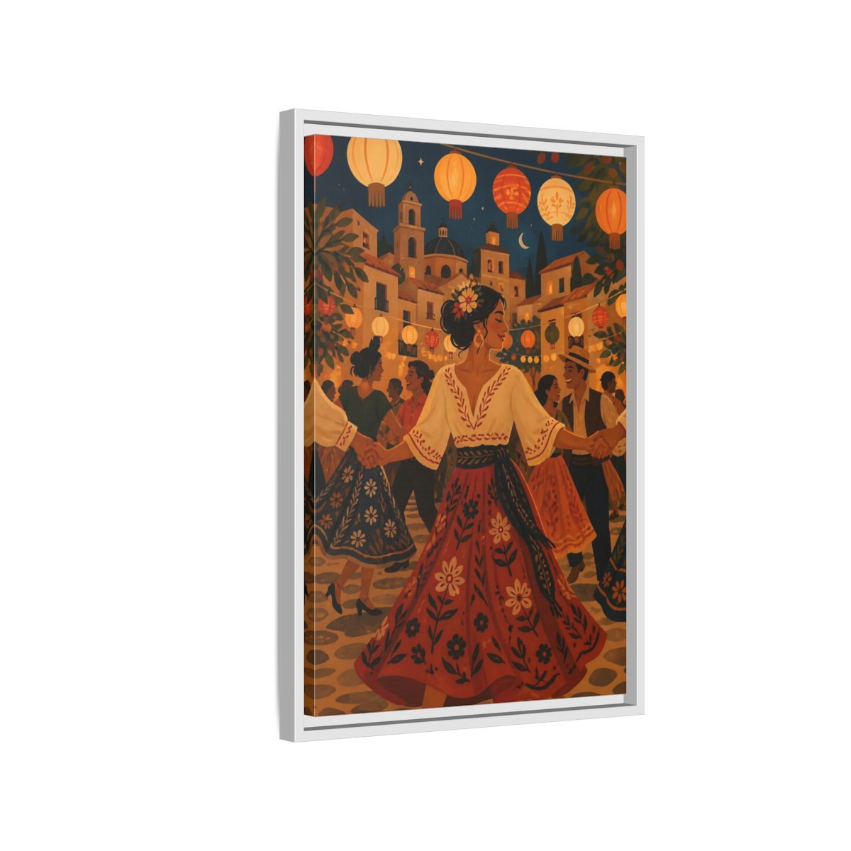 Side Mockup 1. Vintage Festive Dancers Colorful Festive Dance shown as framed canvas print