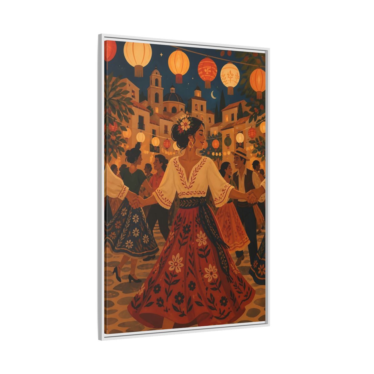 Side Mockup 7. Vintage Festive Dancers Colorful Festive Dance shown as framed canvas print