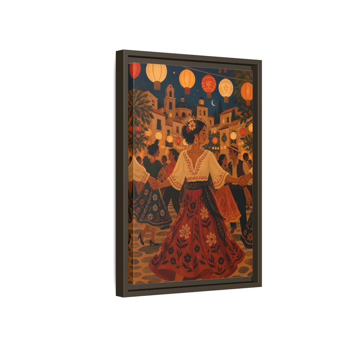 Side Mockup 5. Vintage Festive Dancers Colorful Festive Dance shown as framed canvas print