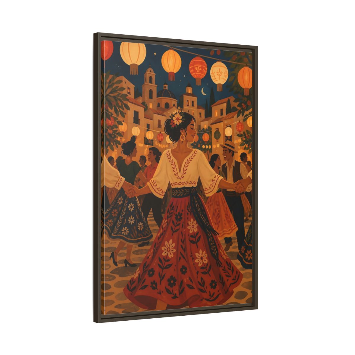 Main Mockup. Vintage Festive Dancers Colorful Festive Dance shown as framed canvas print