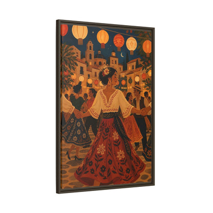 Main Mockup. Vintage Festive Dancers Colorful Festive Dance shown as framed canvas print