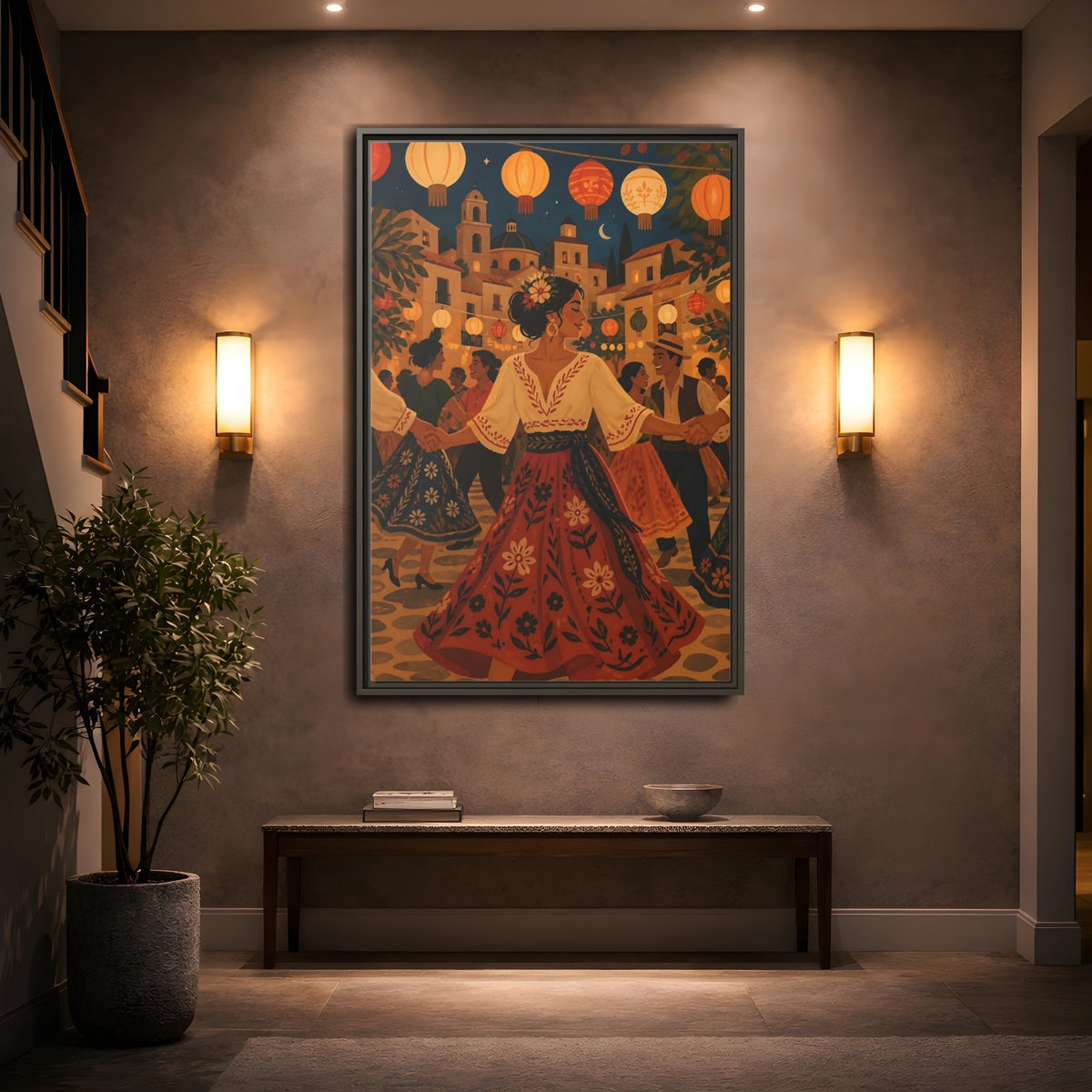 Mockup 2. Vintage Festive Dancers Colorful Festive Dance shown as framed canvas print