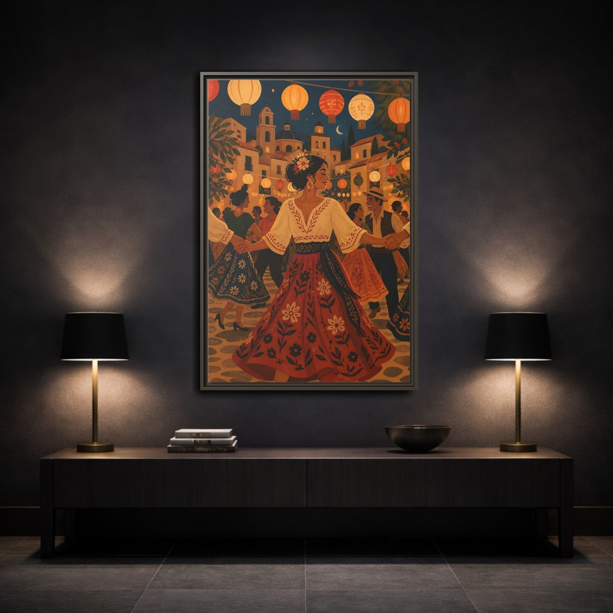 Mockup 3. Vintage Festive Dancers Colorful Festive Dance shown as framed canvas print