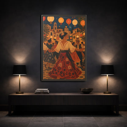 Mockup 3. Vintage Festive Dancers Colorful Festive Dance shown as framed canvas print