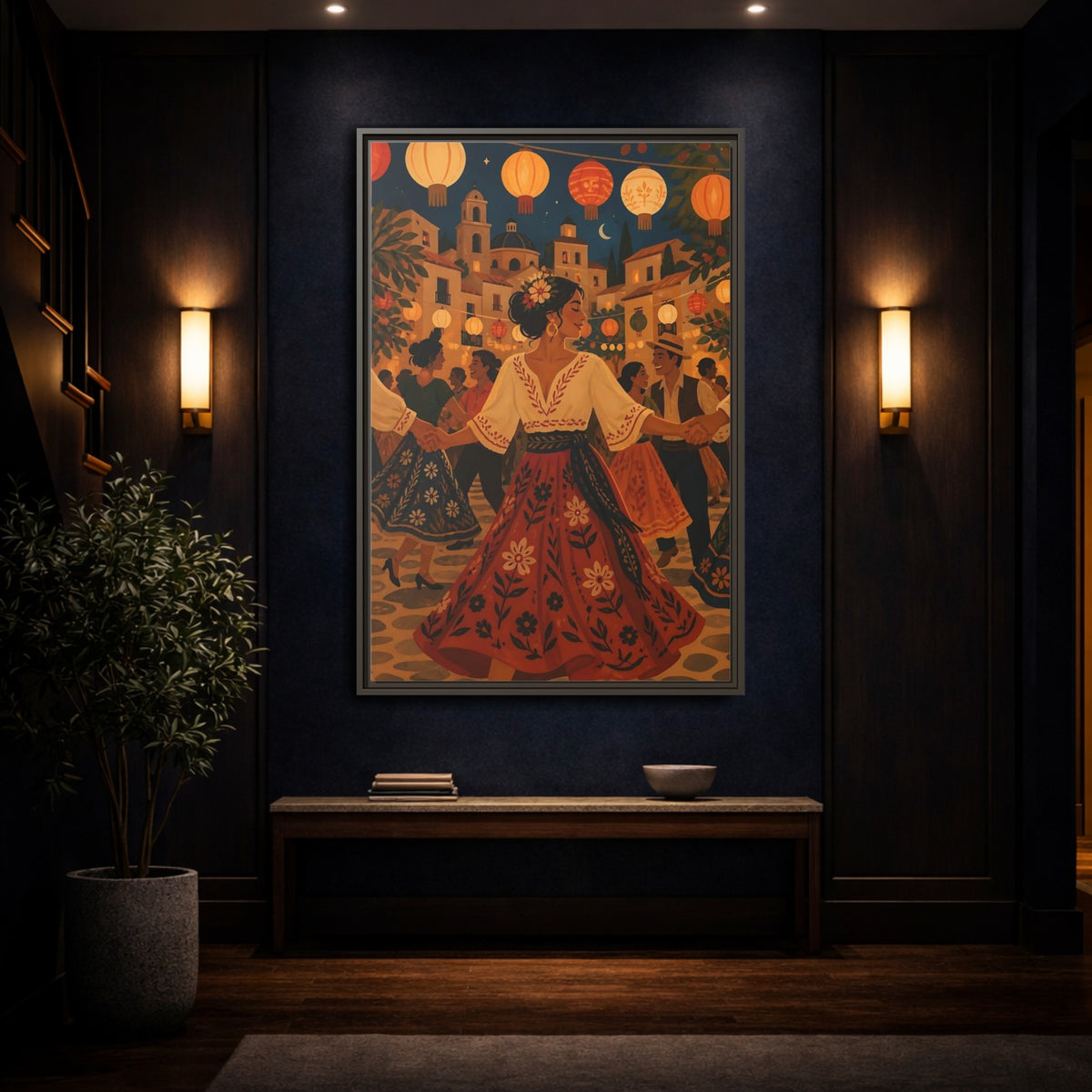 Mockup 4. Vintage Festive Dancers Colorful Festive Dance shown as framed canvas print